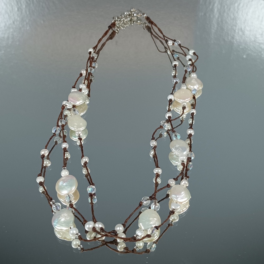 Multi Strand Pearl and Crystal Necklace Brown Cord Boho Statement